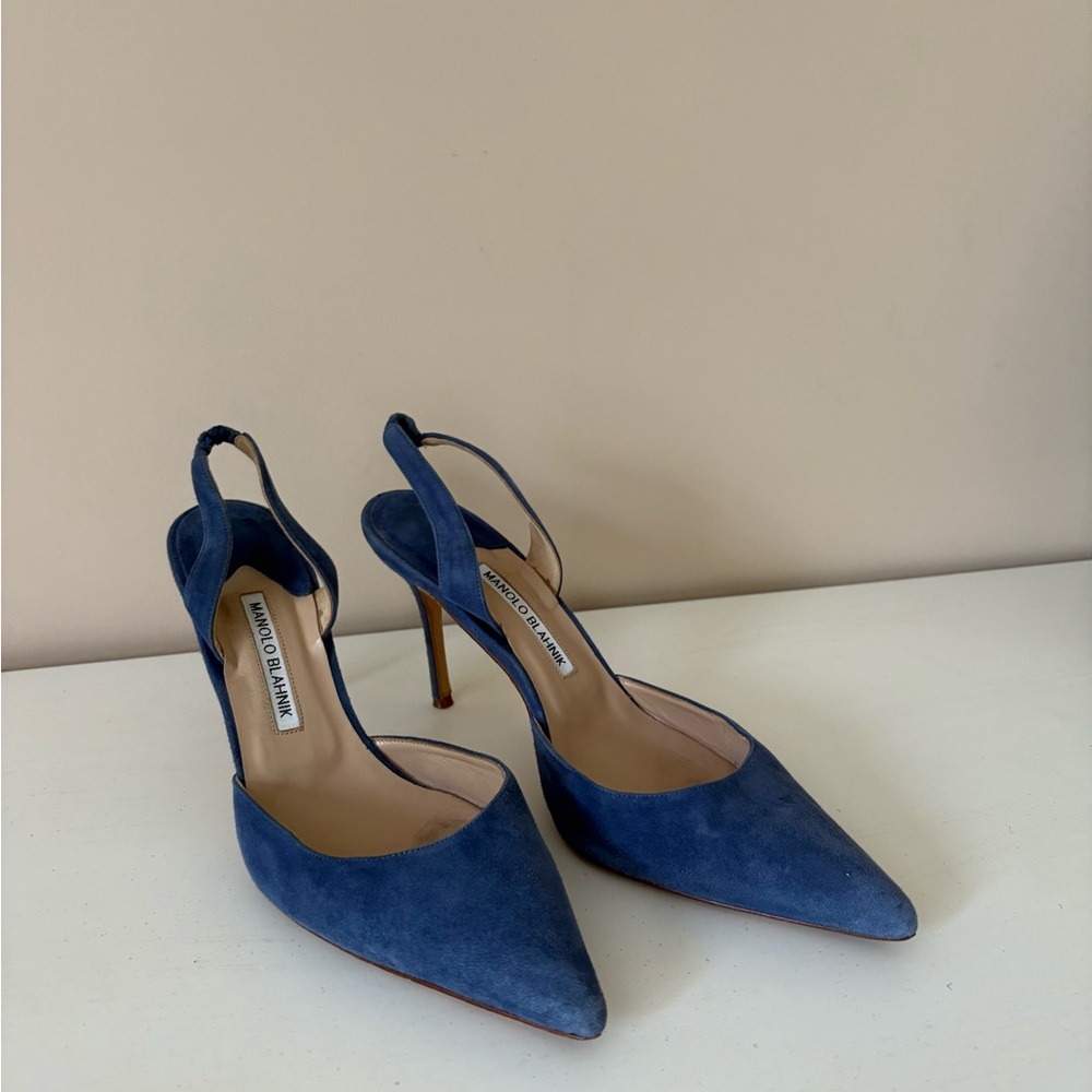 Vintage Manolo Blahnik Blue Suede Slingback Heels